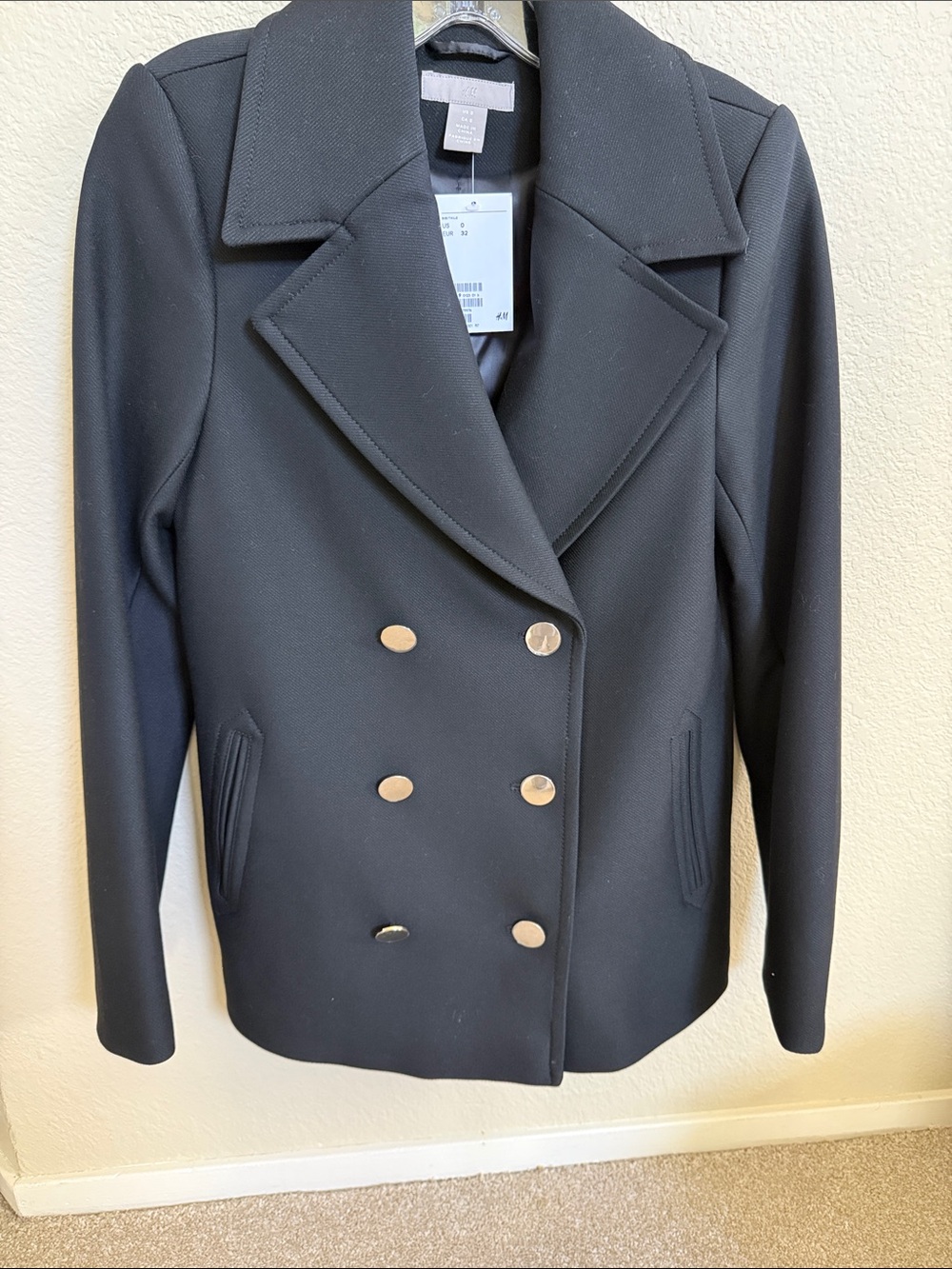 H&M Classic Black Double-Breasted Peacoat with Silver Buttons